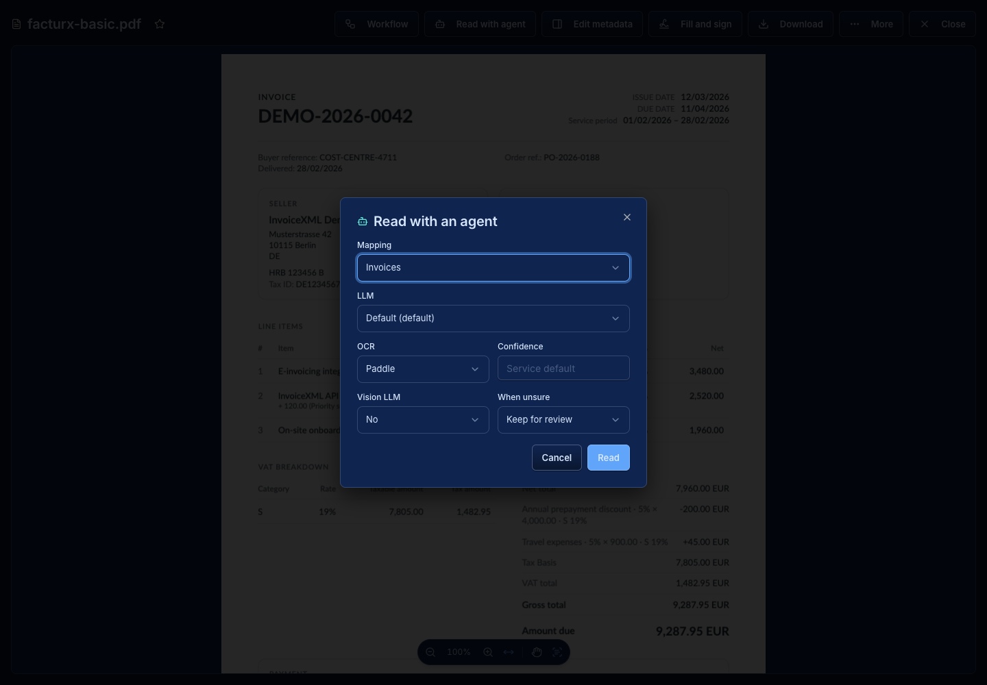 Manual agent read setup with mapping and OCR options