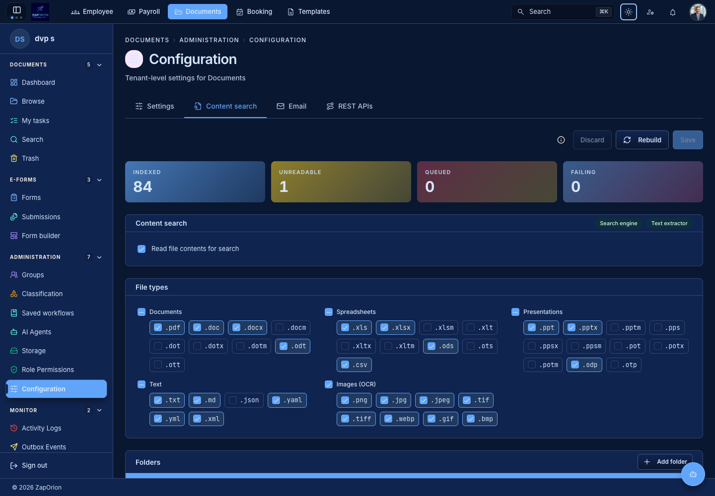 Documents content-search configuration