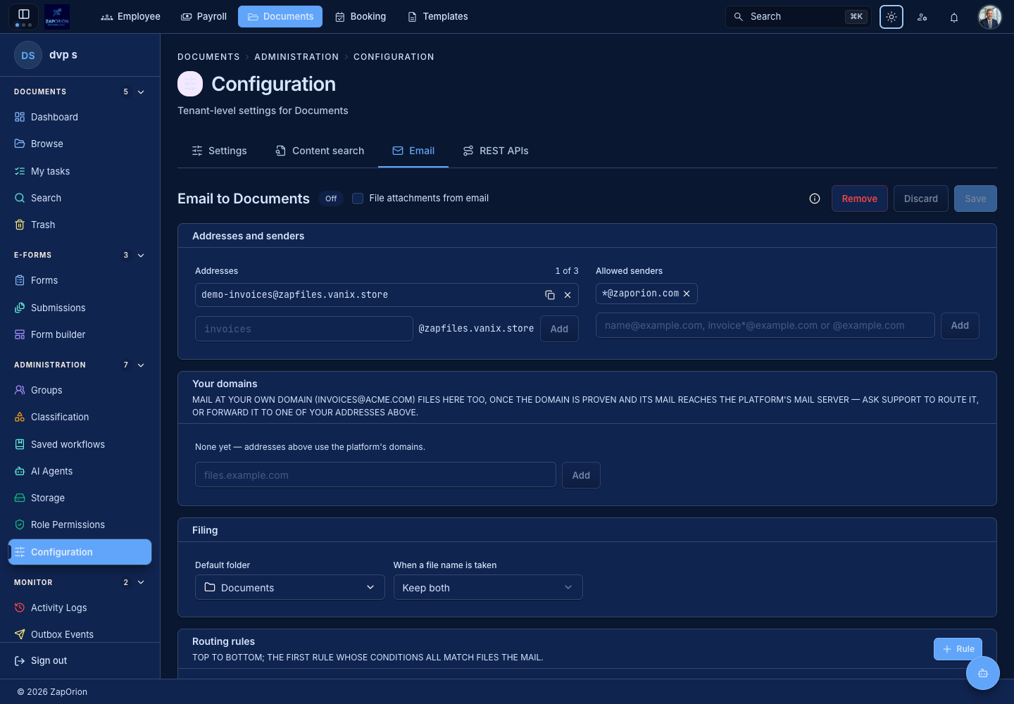 Documents inbound email addresses and routing