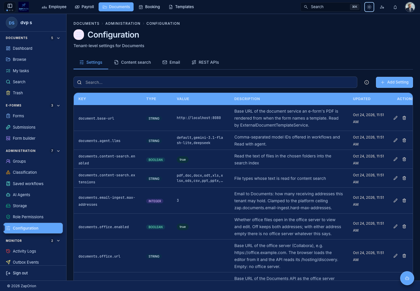 Documents tenant settings