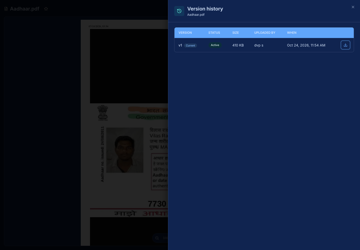 Version-history entry point for selecting versions to compare