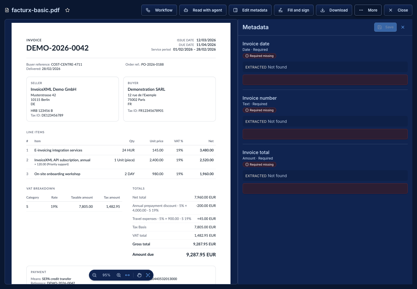 Metadata fields beside a demo document