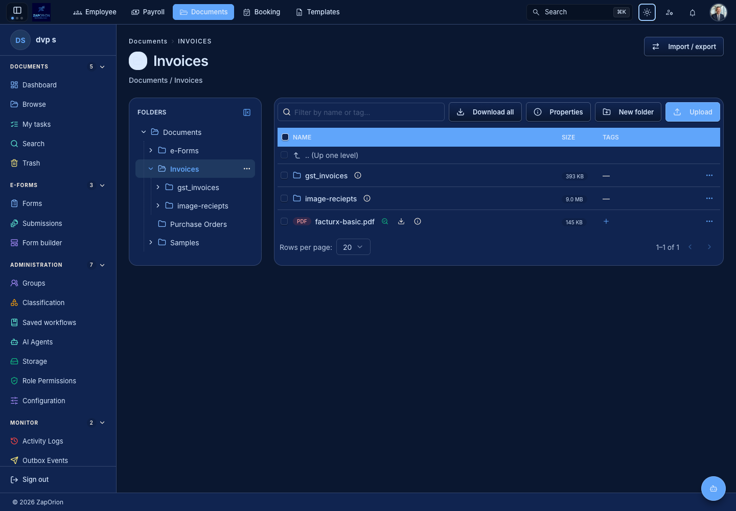 Administrator folder contents with Import / export control