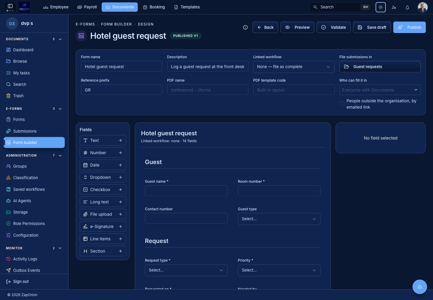 The form designer with field palette and settings