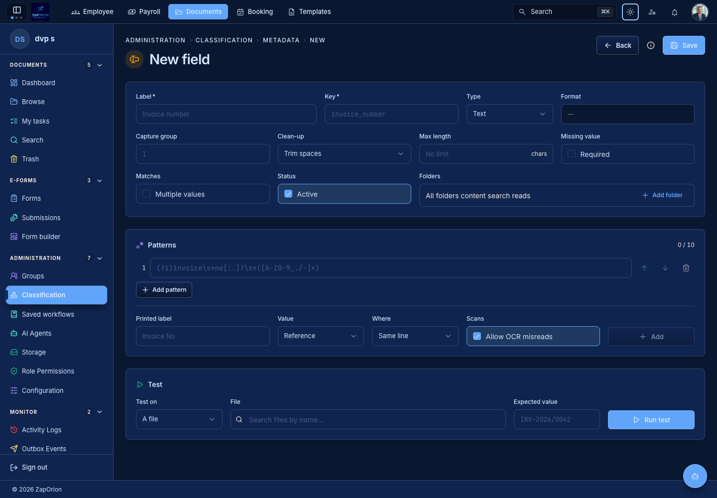 Metadata field configuration and pattern test controls