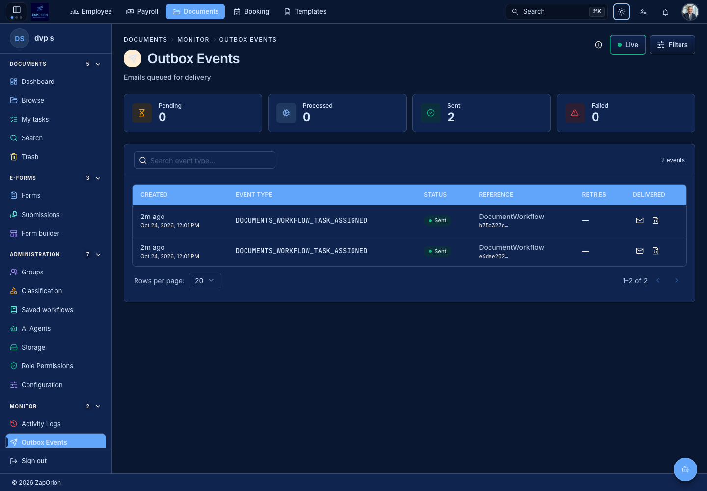 Documents outbox events and status summaries