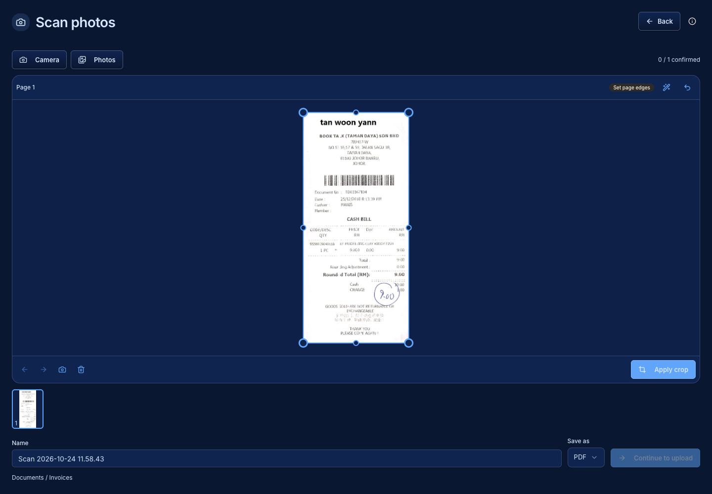 Photo scanner with editable page edges
