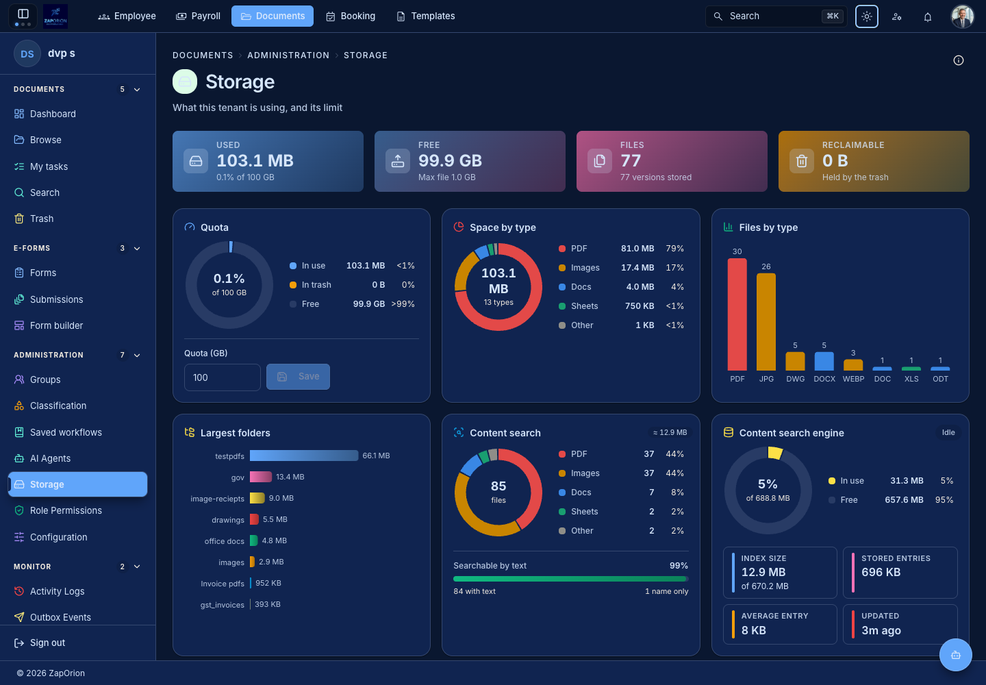 Documents storage usage and quota