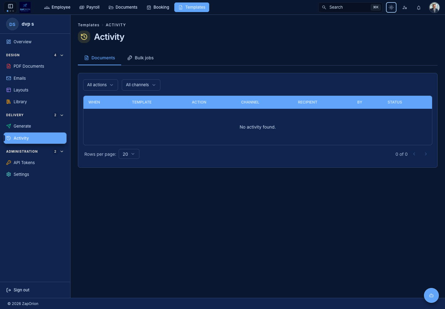Template document activity with action and channel filters