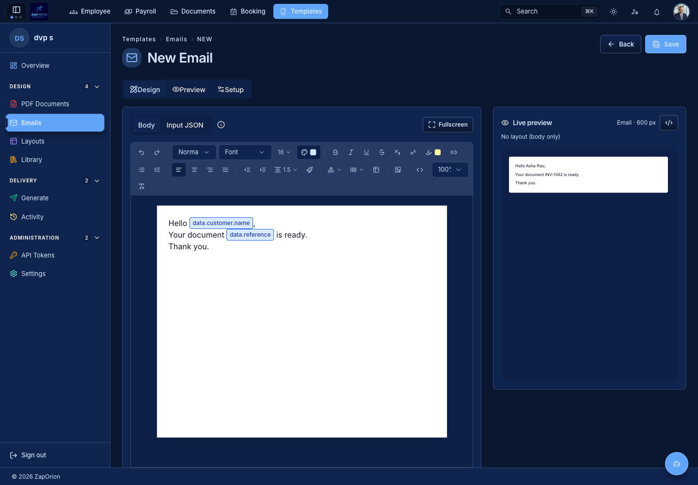 Email designer and live preview