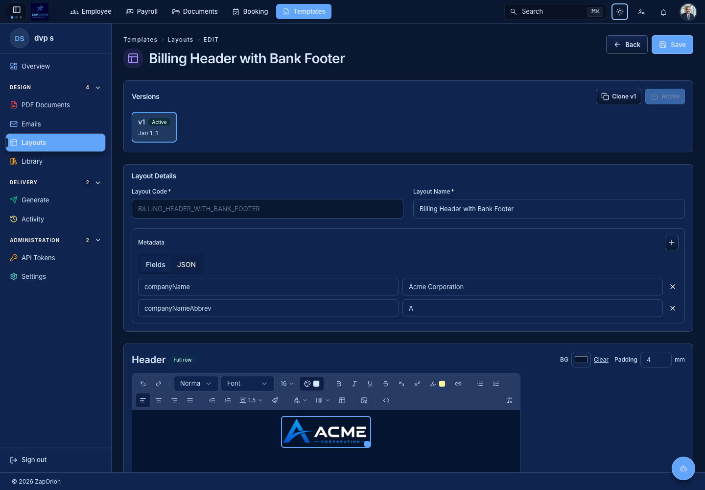 Layout editor with header, footer and reusable blocks