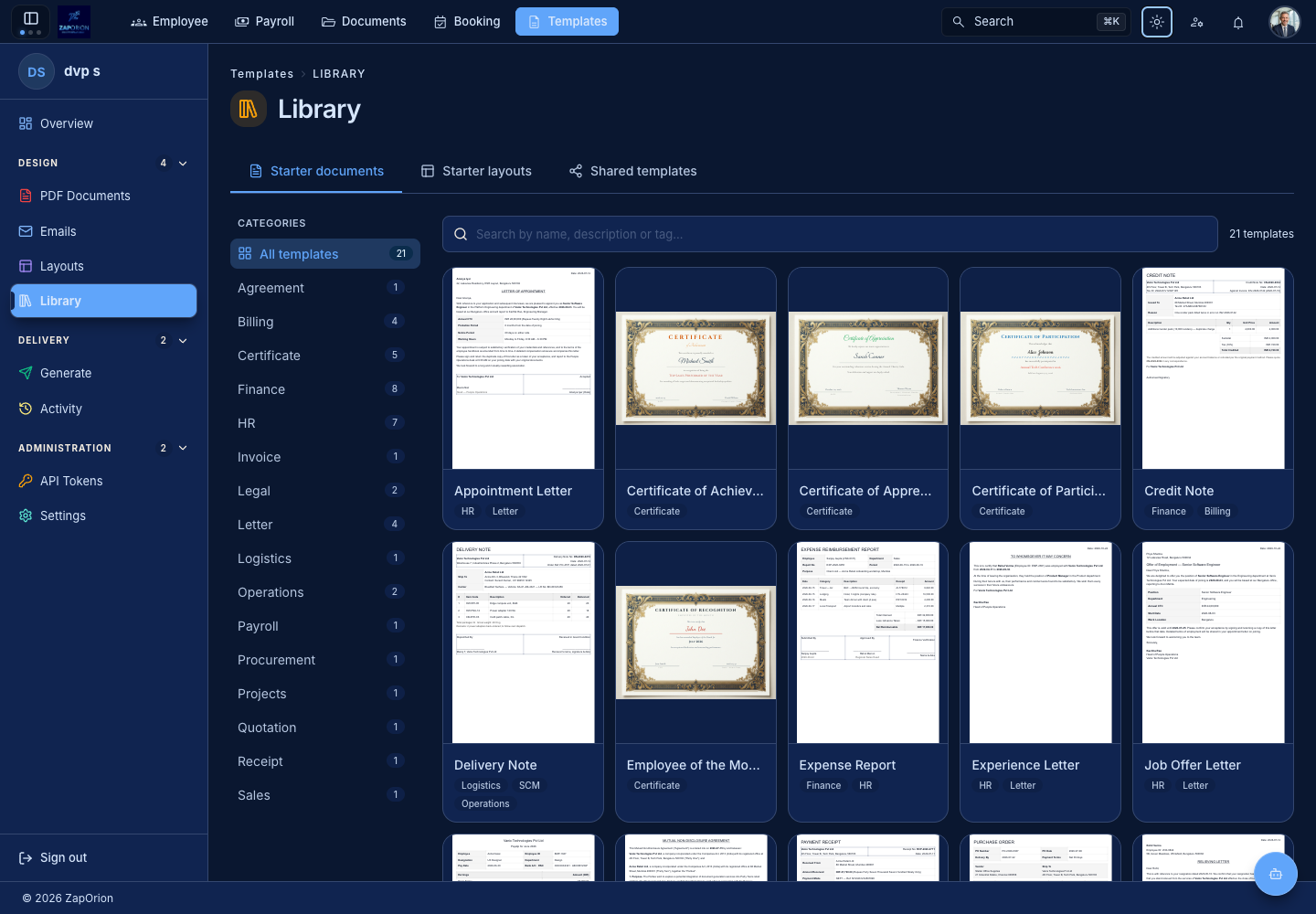 Starter document gallery with categories
