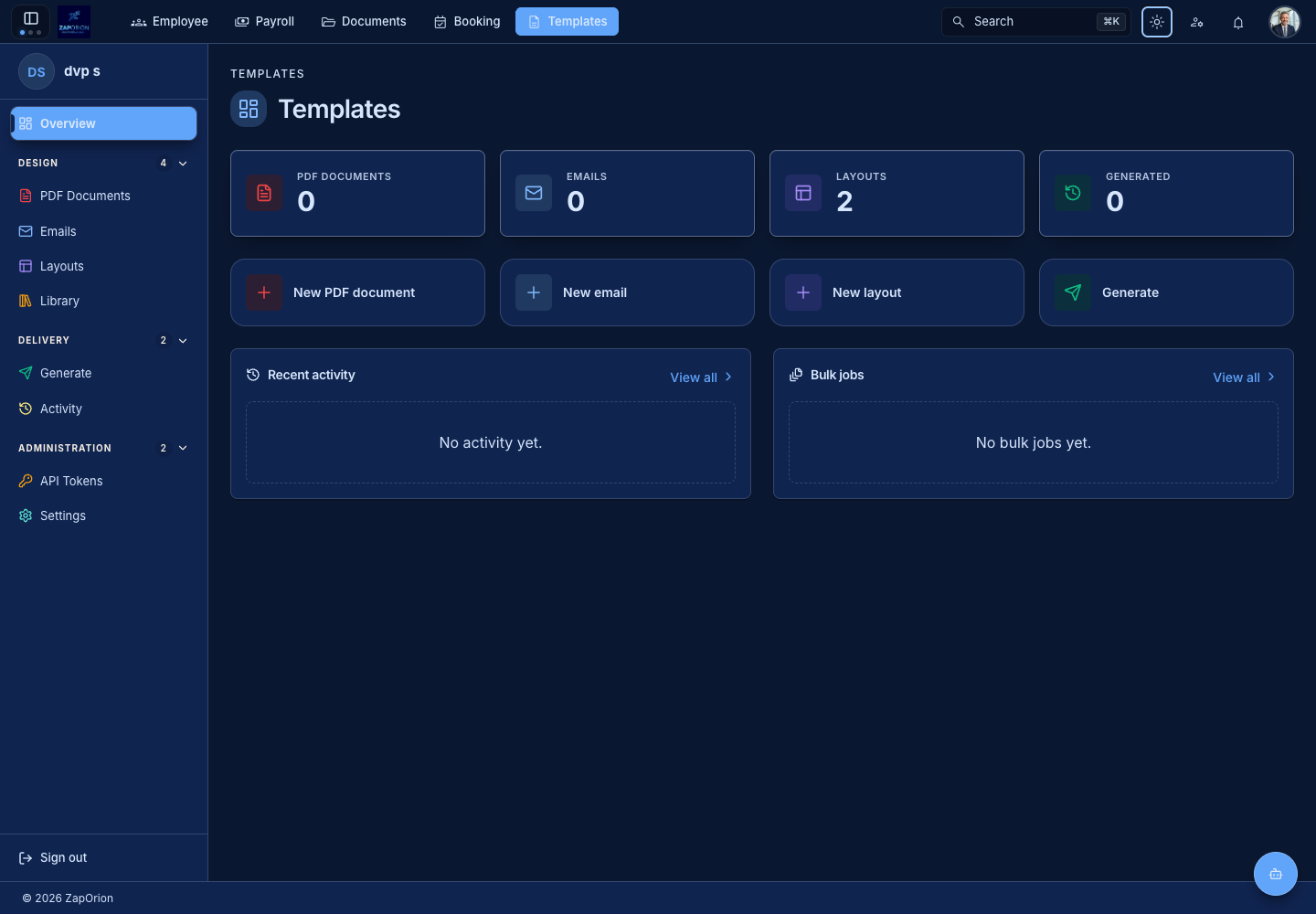 Template overview with design and delivery shortcuts