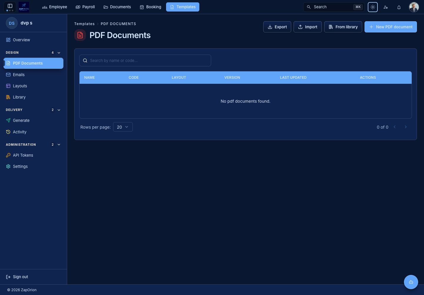 Templates showing active-version status