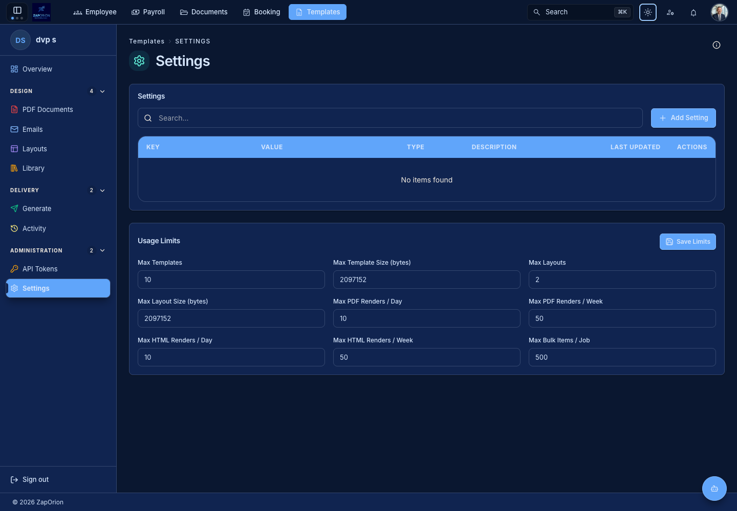 Template tenant settings and usage limits