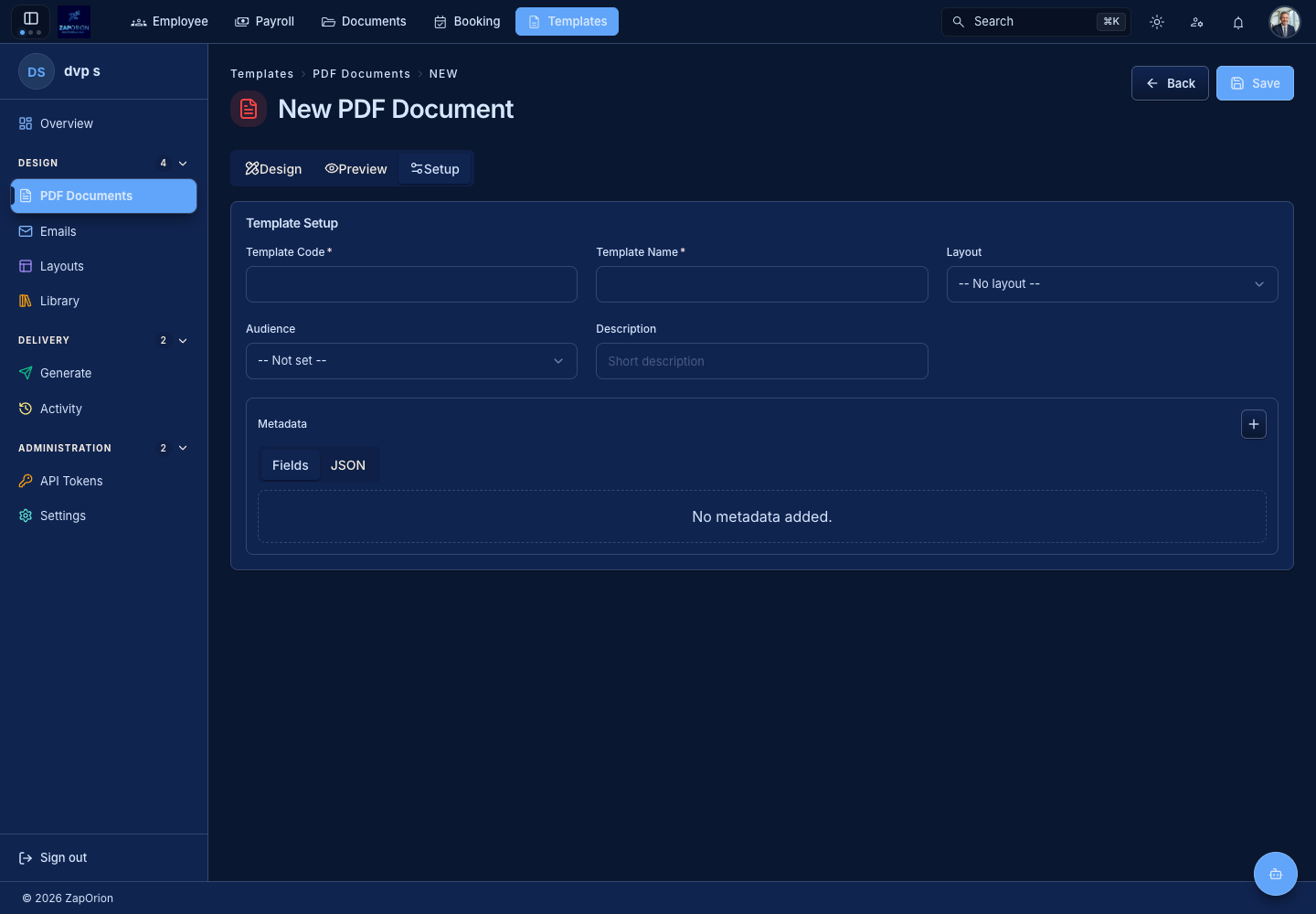 Template setup fields