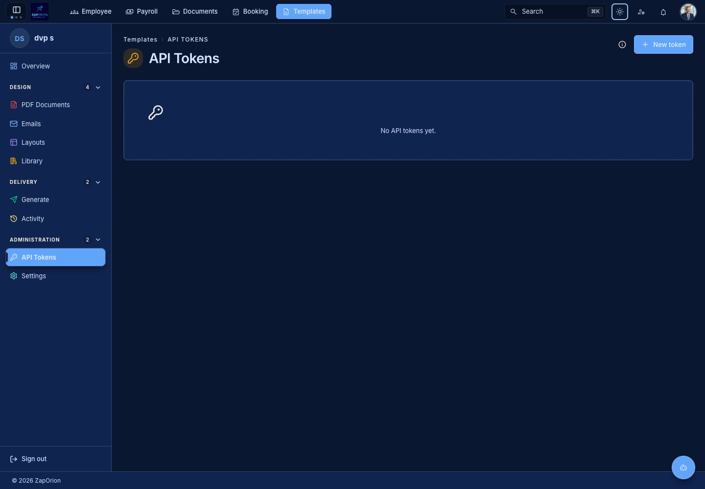 Template API token management