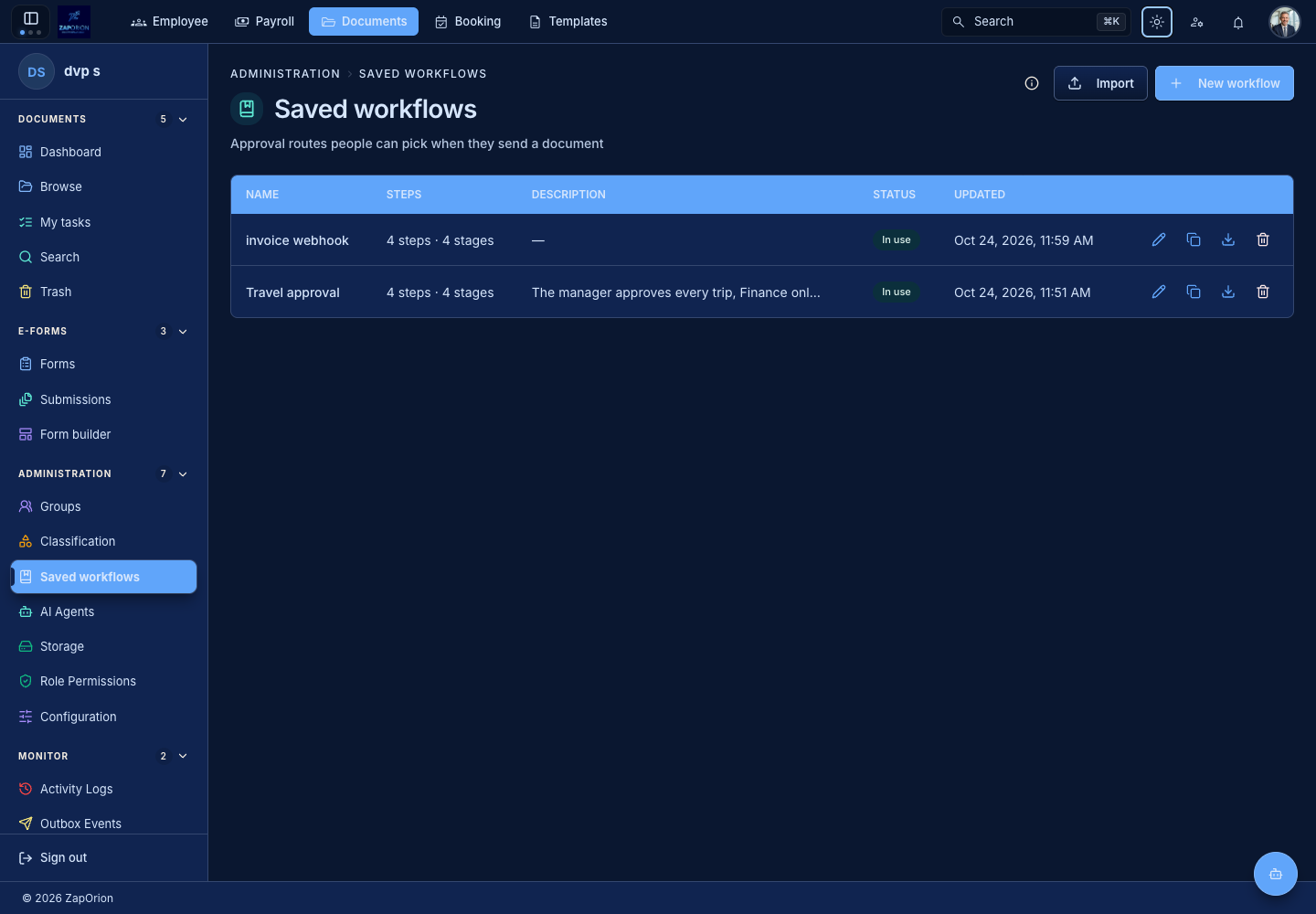 Saved workflows list