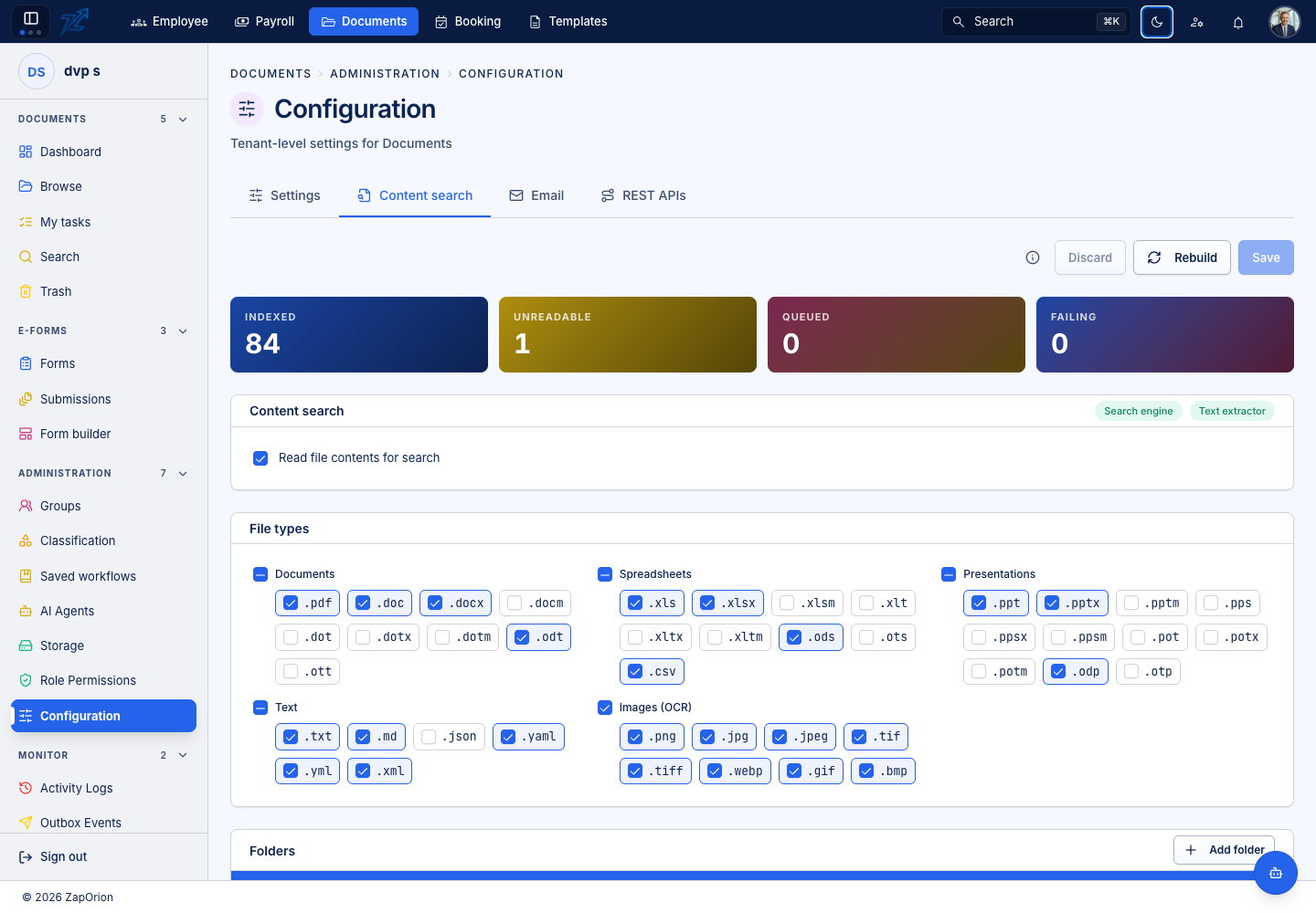 Documents content-search configuration