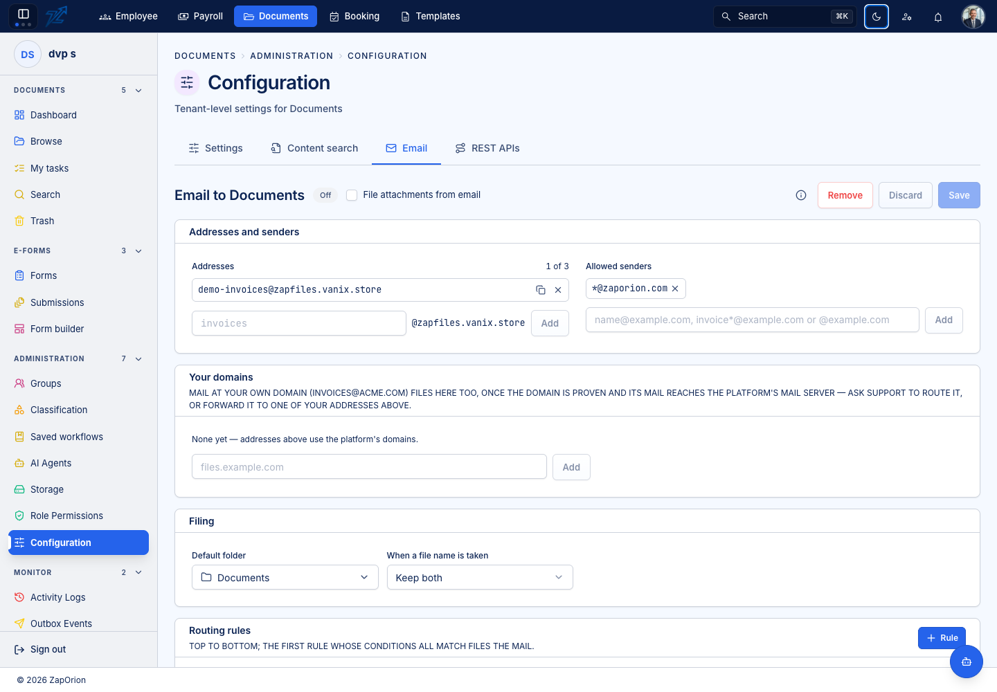 Documents inbound email addresses and routing