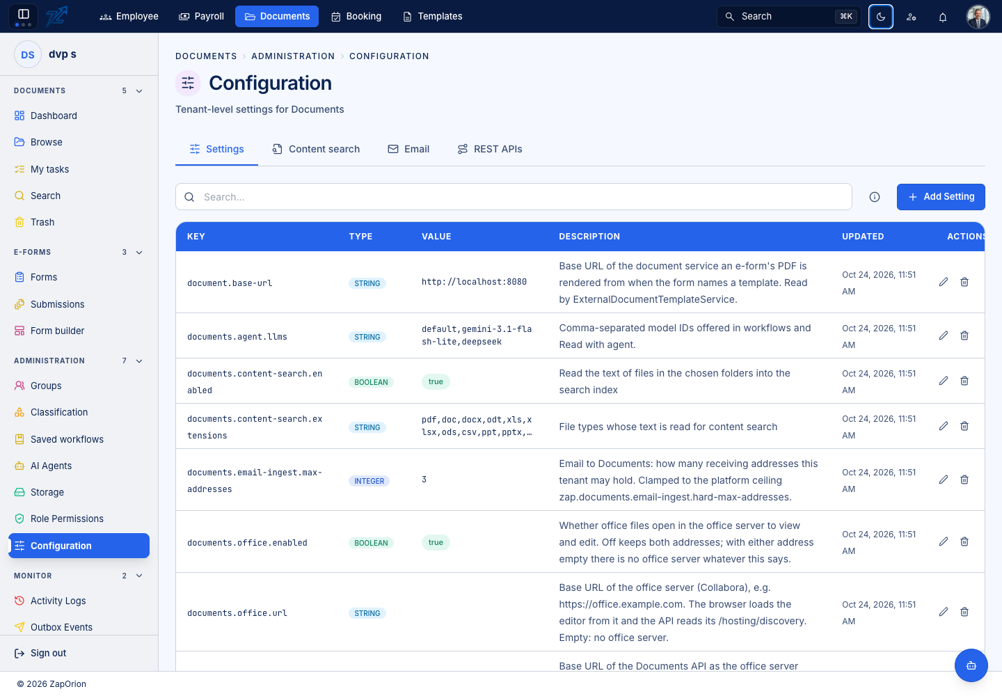 Documents tenant settings