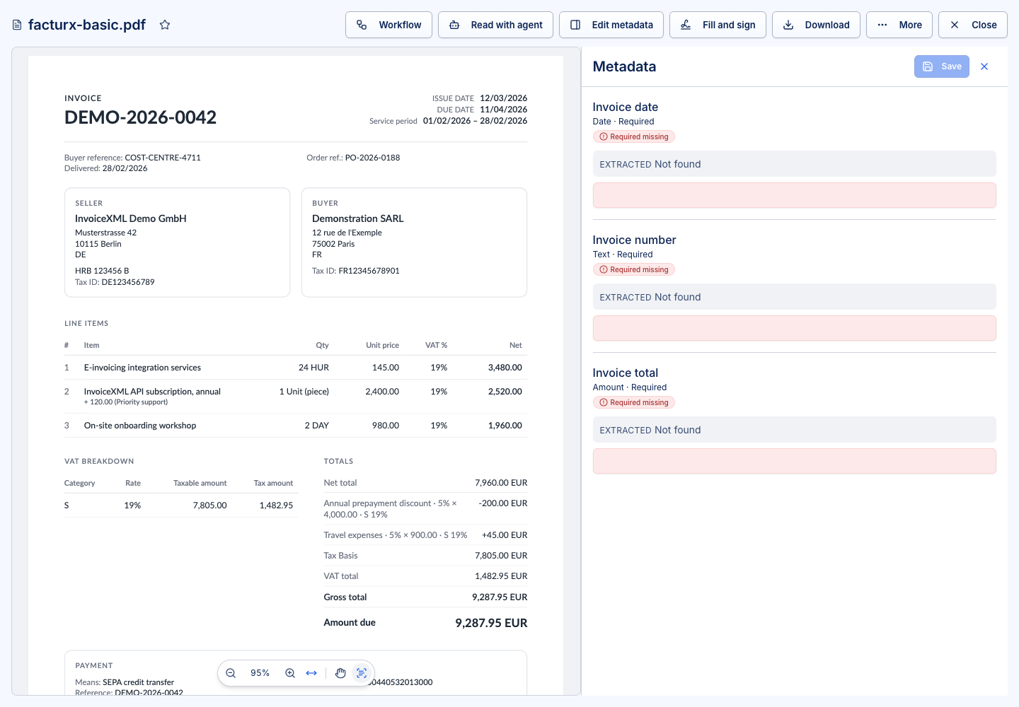 Metadata fields beside a demo document