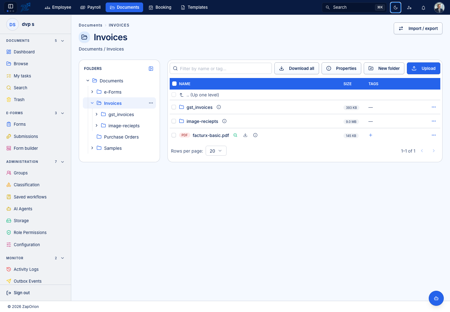 Administrator folder contents with Import / export control