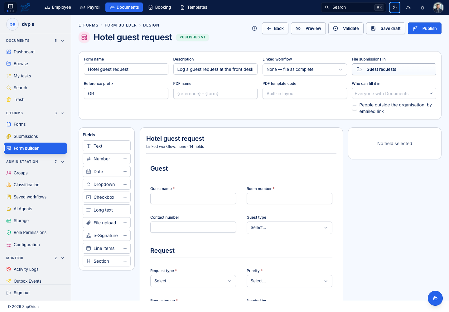The form designer with field palette and settings