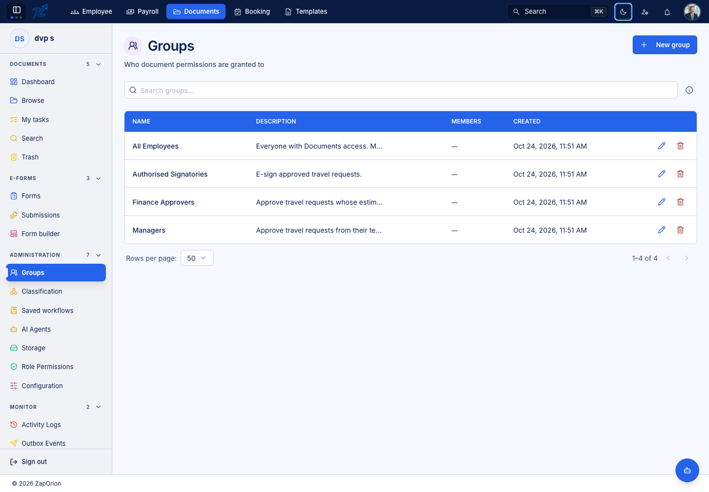 Documents Groups administration