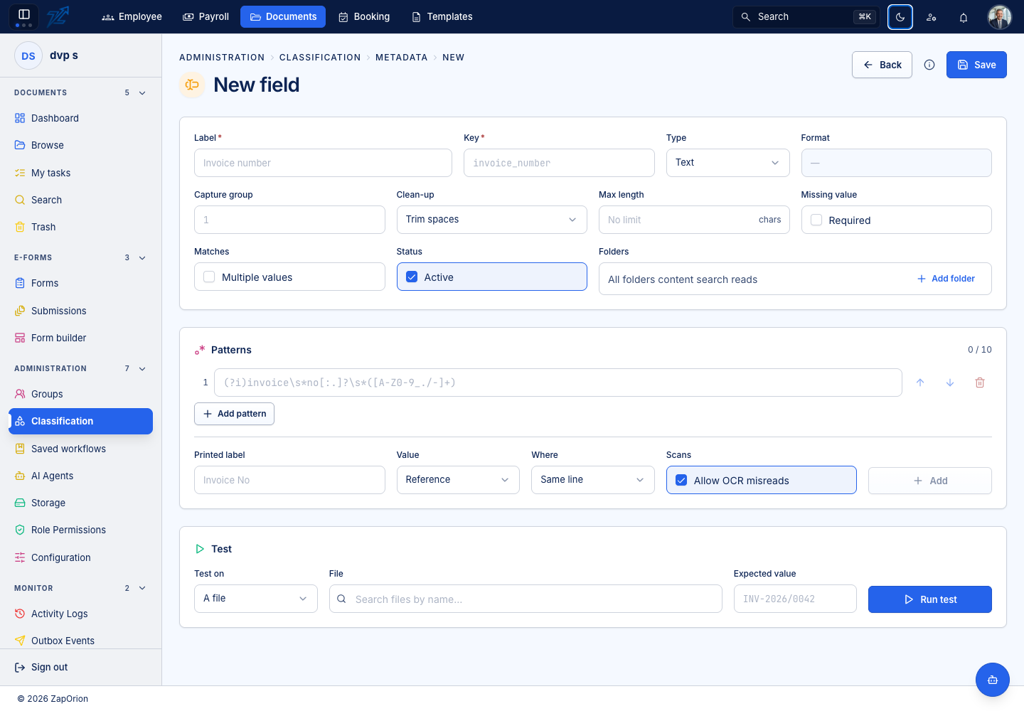 Metadata field configuration and pattern test controls