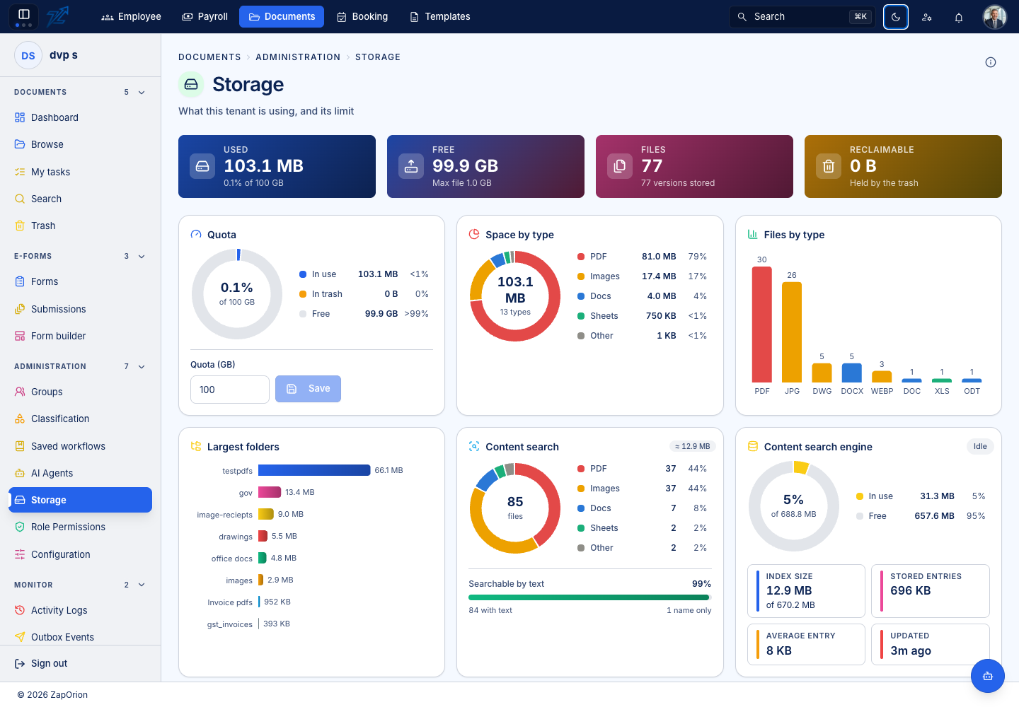 Documents storage usage and quota
