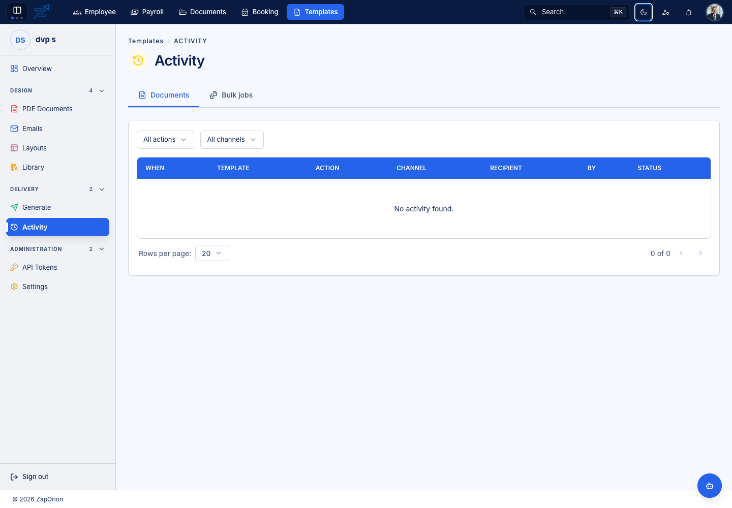 Template document activity with action and channel filters