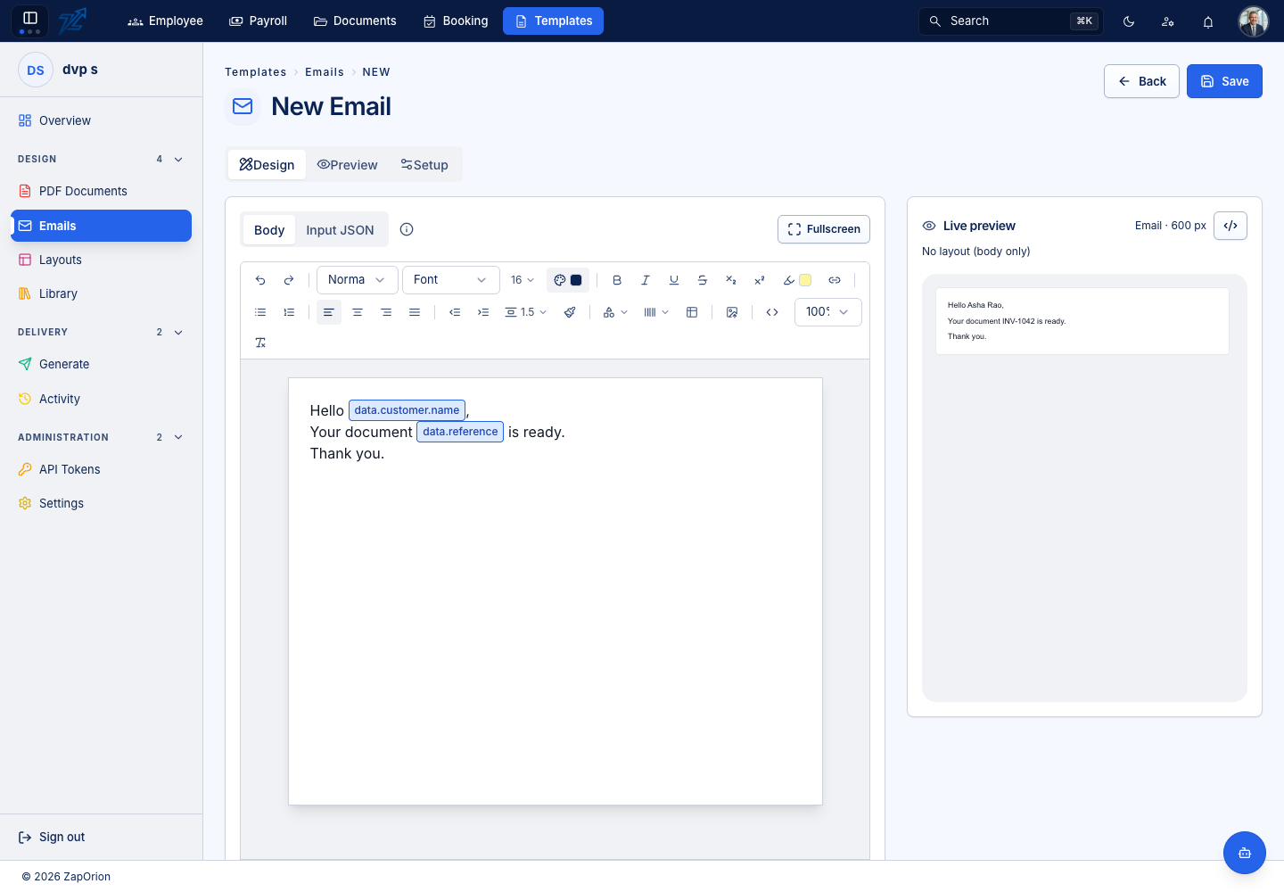 Email designer and live preview