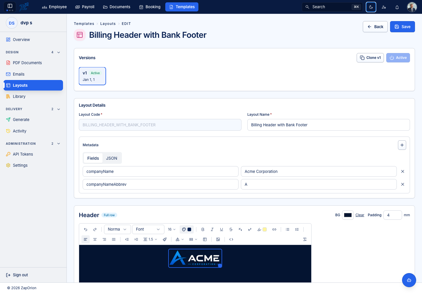 Layout editor with header, footer and reusable blocks