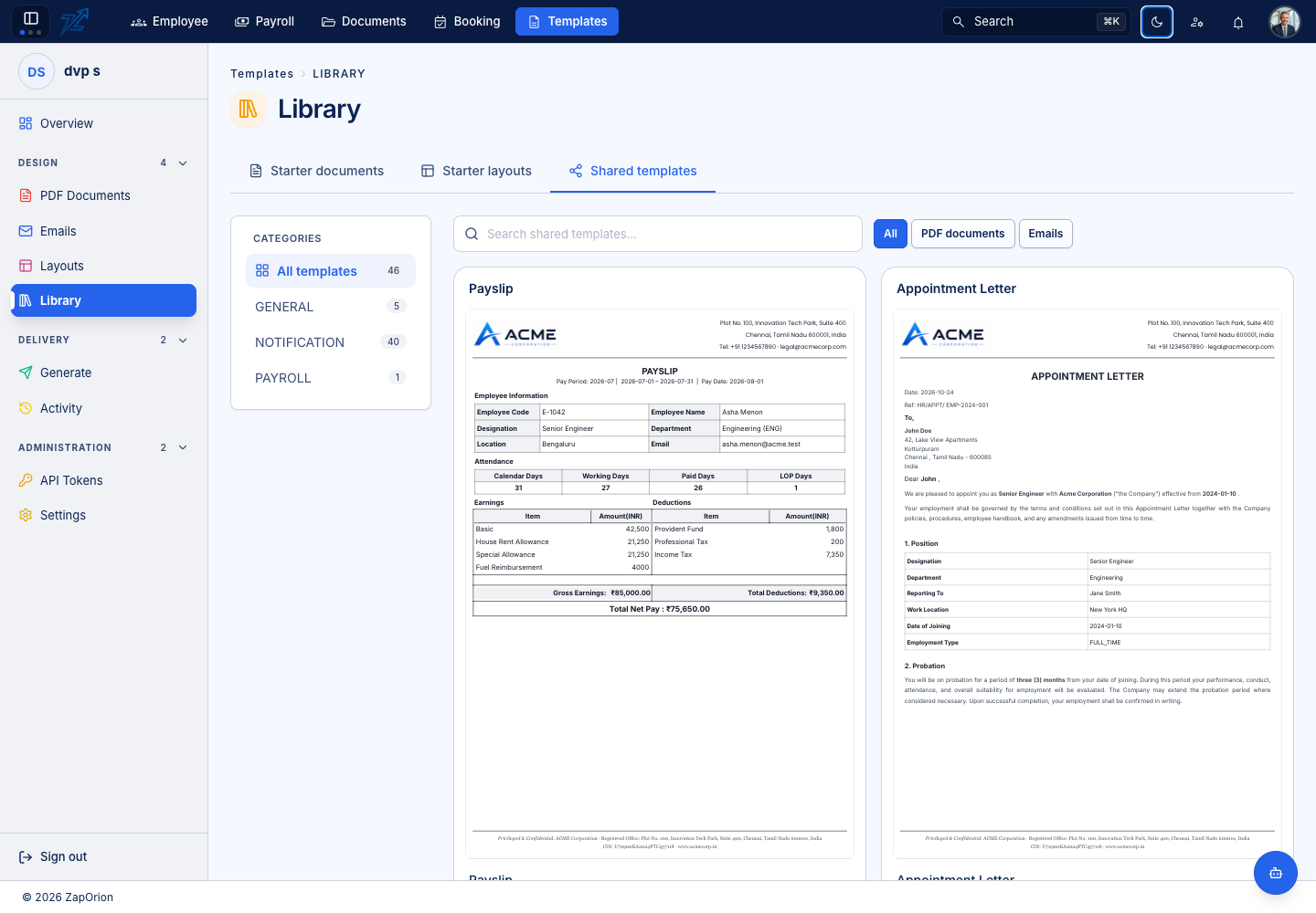 Shared template gallery and PDF/email filter