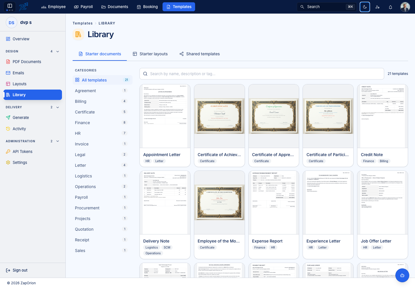 Starter document gallery with categories