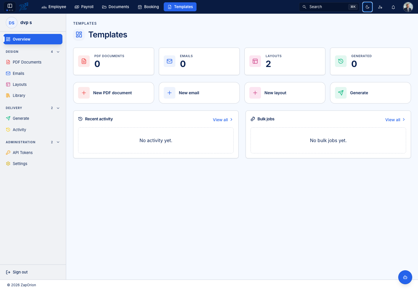 Template overview with design and delivery shortcuts