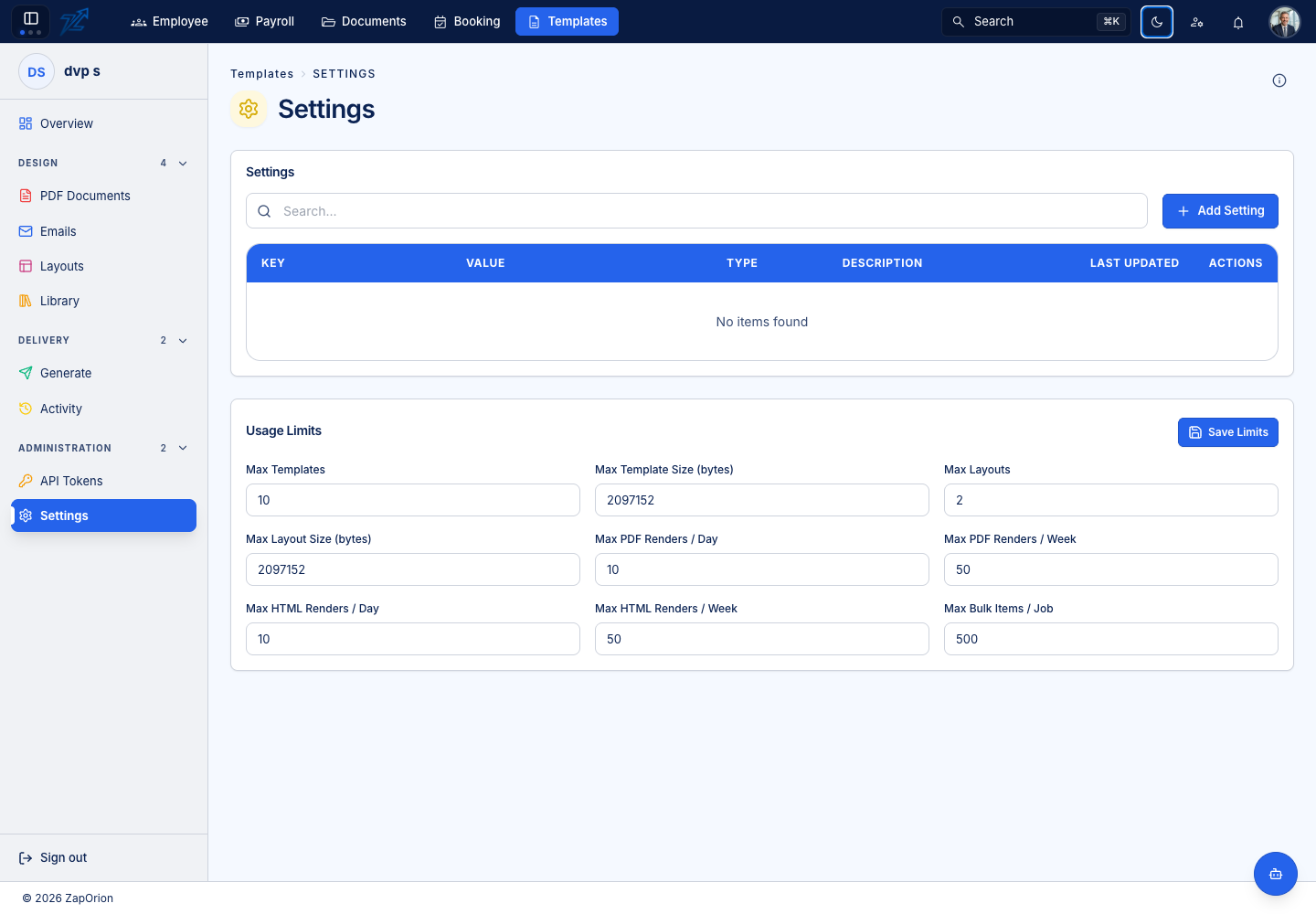 Template tenant settings and usage limits