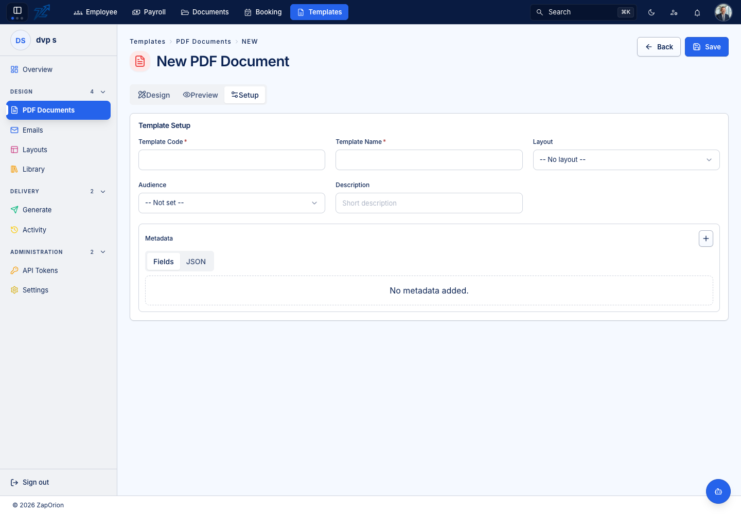Template setup fields
