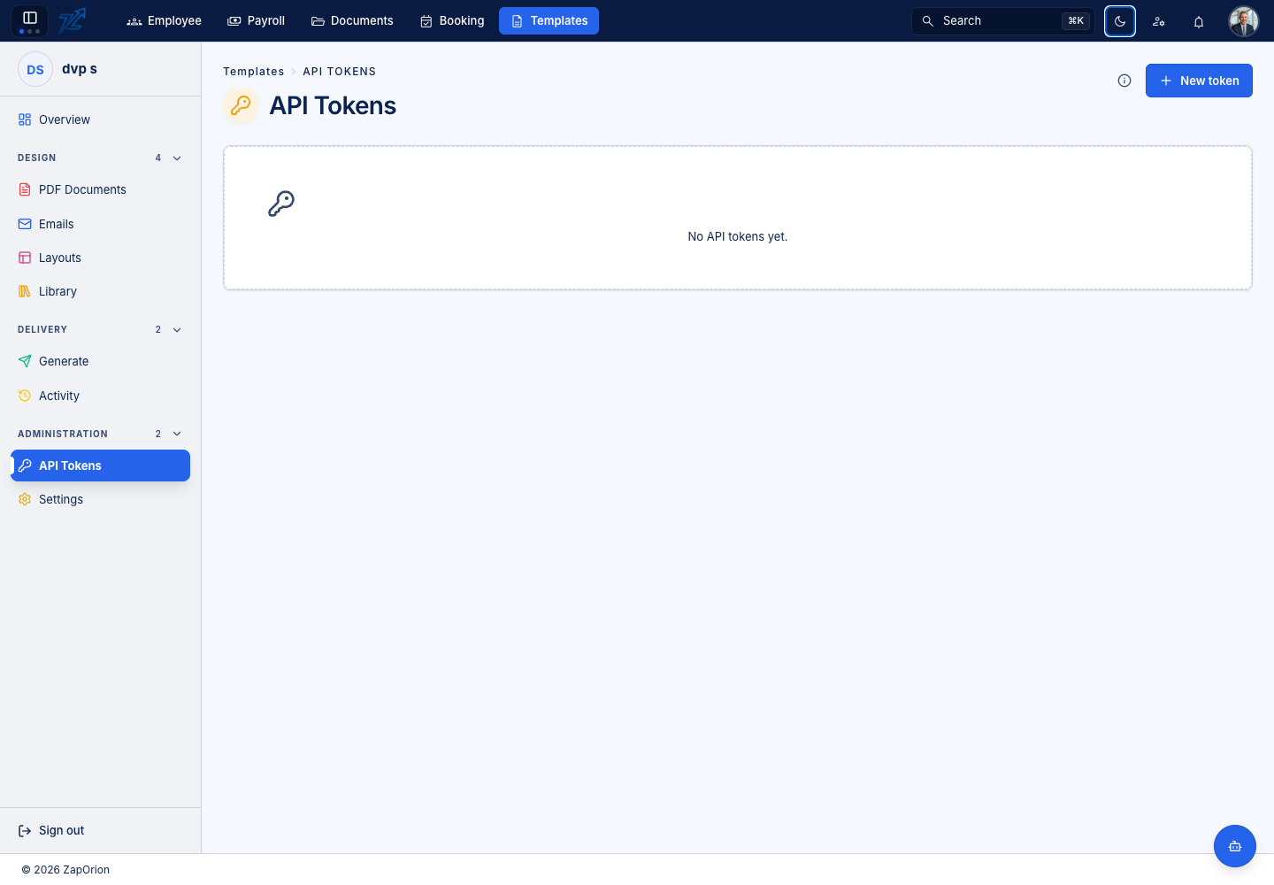 Template API token management