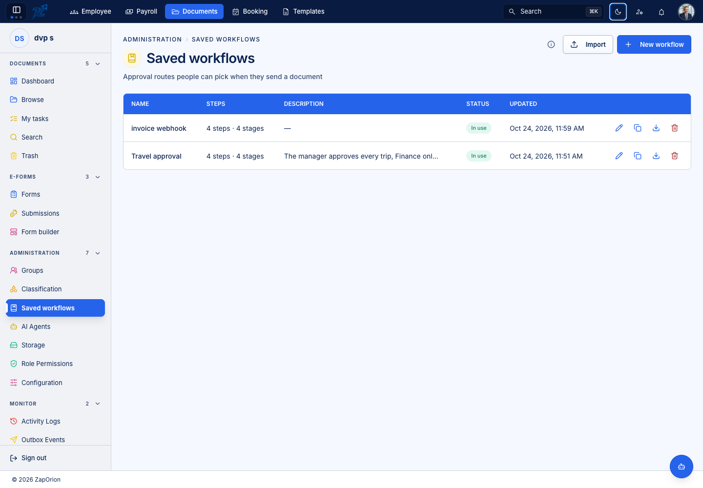 Saved workflows list
